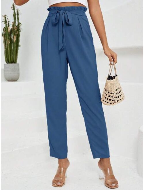 SHEIN Clasi Paperbag Waist Belted Pants