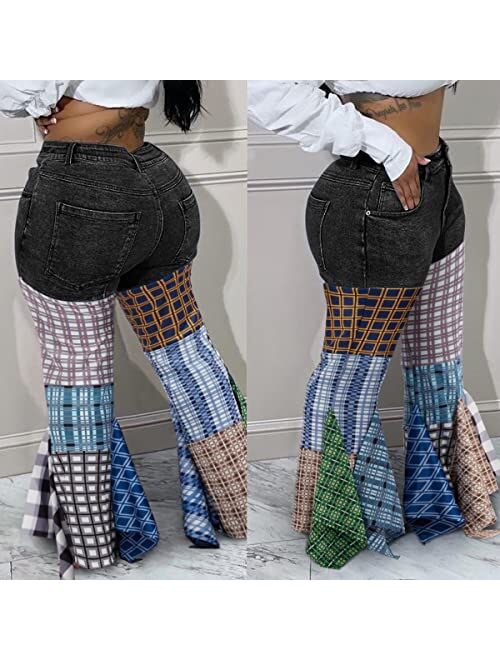 ThusFar Women High Waist Patchwork Flare Jeans Plaid Bell Bottom Ruffle Hem Denim Long Pants Trousers
