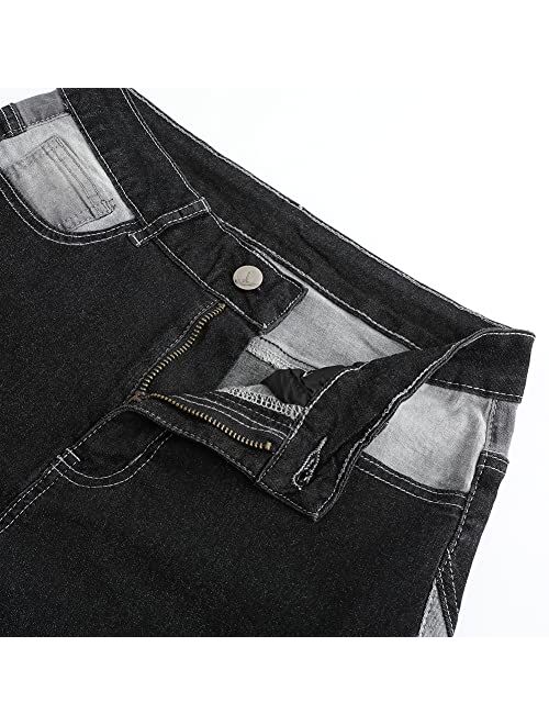 THUNDER STAR Women's Stretch Wide Leg Jeans Mid Rise Patchwork Denim Pants