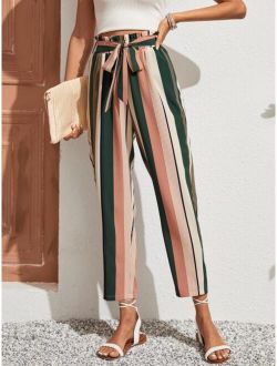 Clasi Striped Print Paperbag Waist Belted Pants