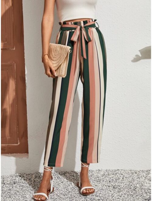 SHEIN Clasi Striped Print Paperbag Waist Belted Pants
