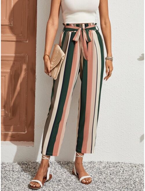 SHEIN Clasi Striped Print Paperbag Waist Belted Pants