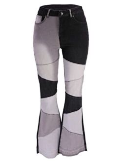 PAODIKUAI Women Patchwork Jeans Bell Bottom Raw Hem Denim Pants Slim Bootcut Jean