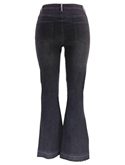 PAODIKUAI Women Patchwork Jeans Bell Bottom Raw Hem Denim Pants Slim Bootcut Jean