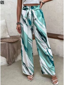 VCAY Allover Print Paperbag Waist Belted Wide Leg Pants