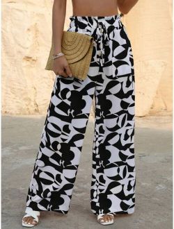 VCAY Allover Geo Print Paperbag Waist Belted Wide Leg Pants
