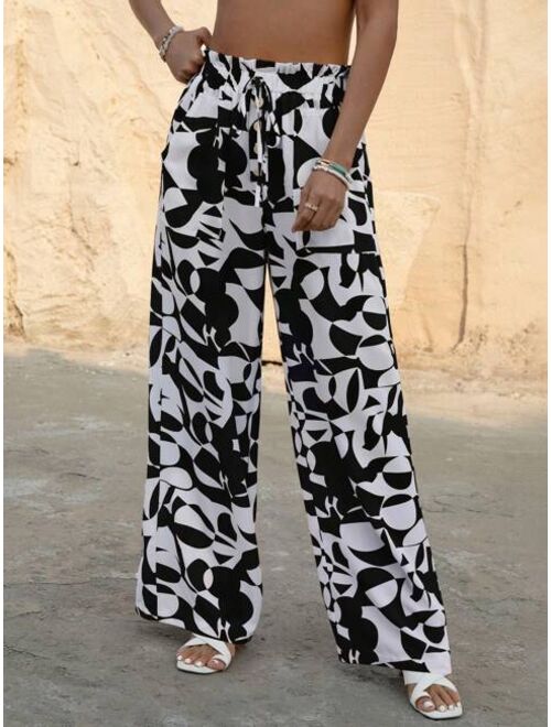 SHEIN VCAY Allover Geo Print Paperbag Waist Belted Wide Leg Pants