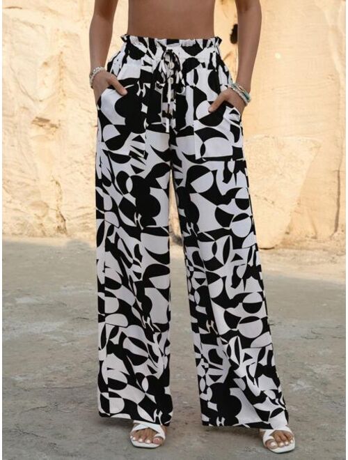 SHEIN VCAY Allover Geo Print Paperbag Waist Belted Wide Leg Pants
