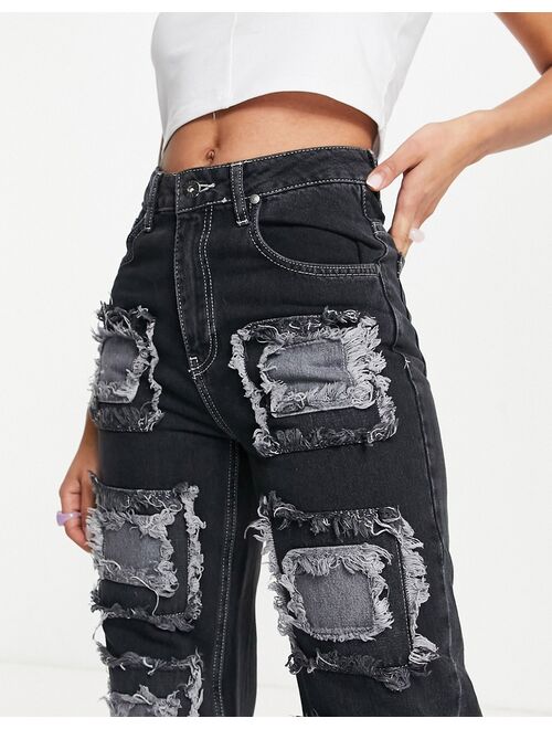 The Ragged Priest relaxed straight leg jeans in charcoal patchwork front