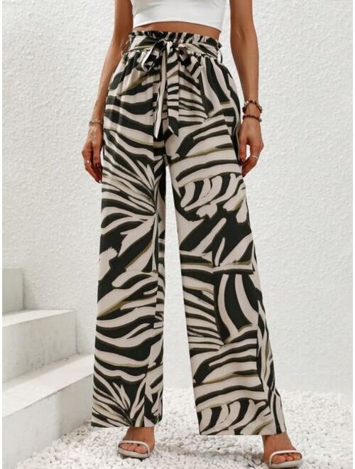 SHEIN LUNE Allover Print Paperbag Waist Belted Wide Leg Pants
