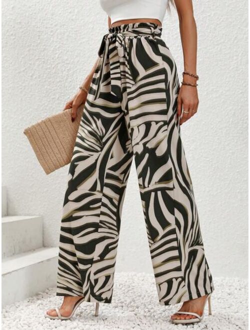 SHEIN LUNE Allover Print Paperbag Waist Belted Wide Leg Pants