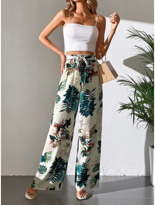 SHEIN Tall Tropical Print Belted Wide Leg Pants