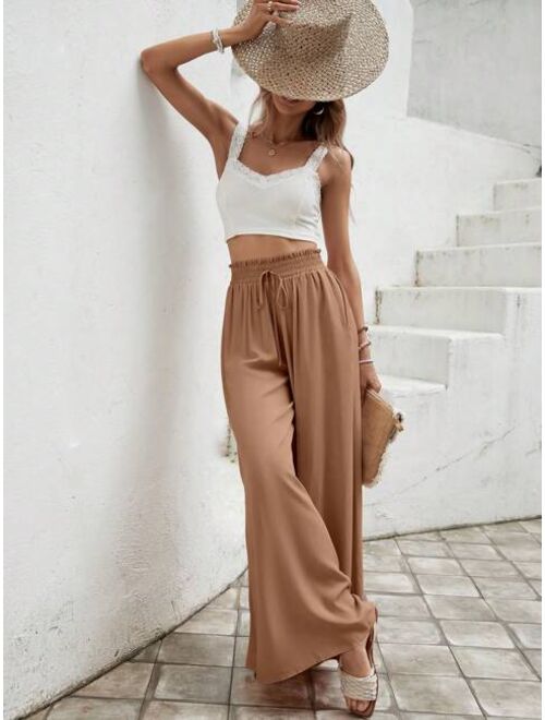 SHEIN LUNE Paperbag Waist Knot Front Wide Leg Pants