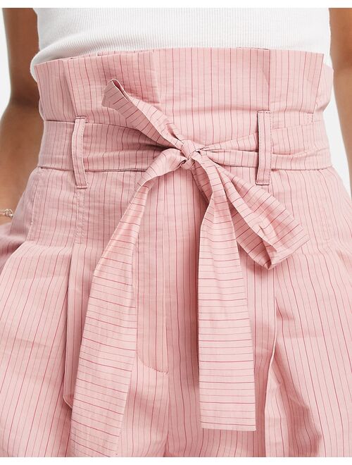 ASOS Tall ASOS DESIGN Tall stripe paperbag waist pants in pink
