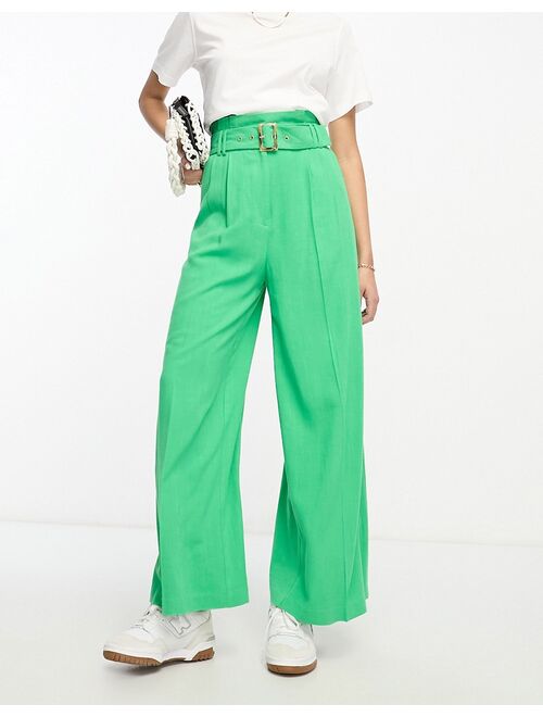 ASOS DESIGN paperbag waist wide leg pant with linen in green