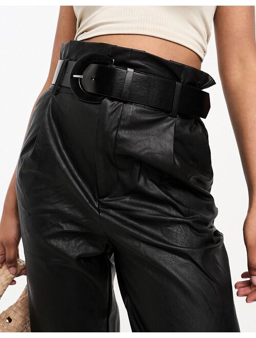 Stradivarius PU pants in paperbag waist with belt in black