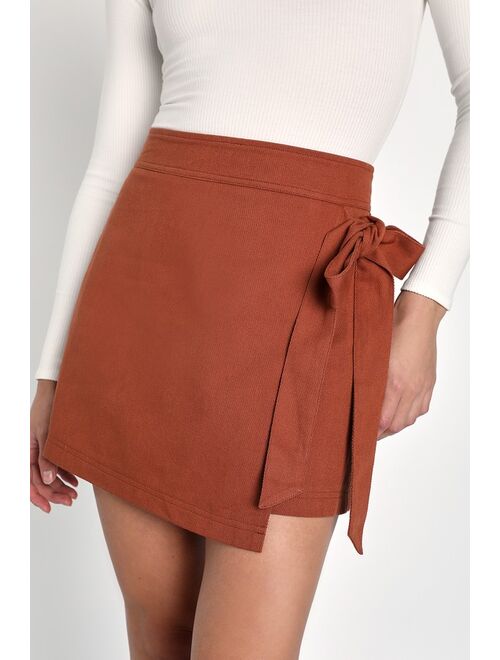 Lulus Cute Ambition Brown Twill Tie-Side Mini Skirt