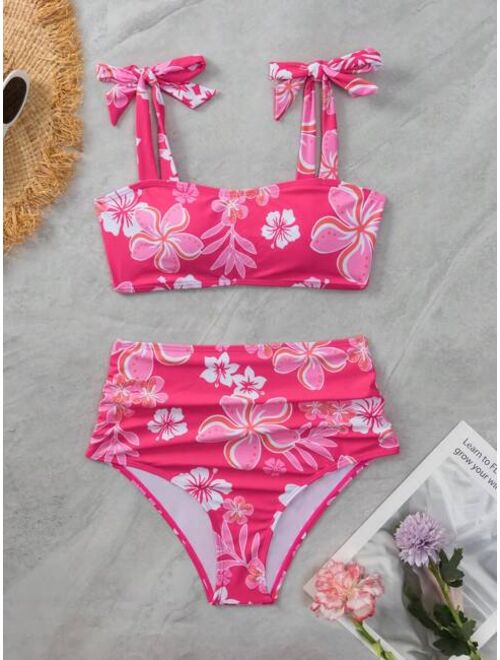 Shein Floral Print Tie Shoulder Bikini Swimsuit