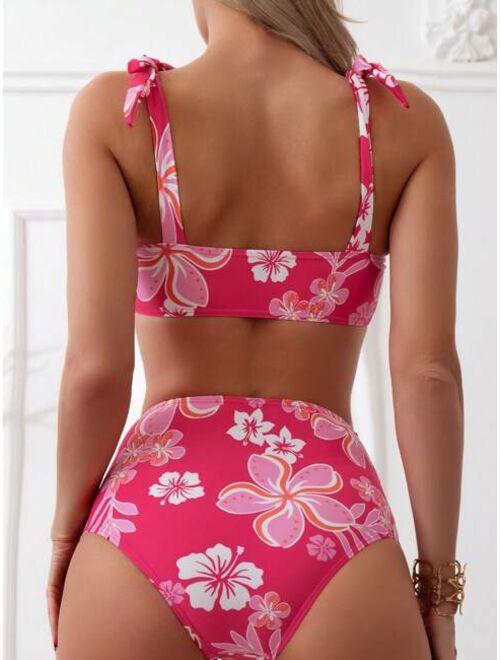 Shein Floral Print Tie Shoulder Bikini Swimsuit