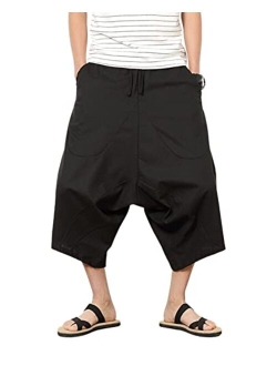 INVACHI Men's Linen Capri Pants Casual Drawstring Yoga Pants Baggy Harem Pants Wide Leg Beach Capris