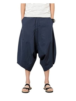 INVACHI Men's Linen Capri Pants Casual Drawstring Yoga Pants Baggy Harem Pants Wide Leg Beach Capris