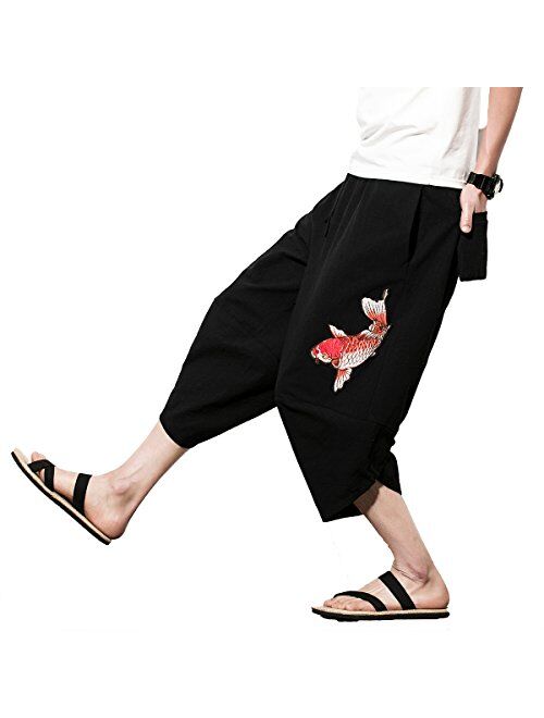 INVACHI Men's Linen Harem Capri Pants Lightweight Elastic Waist Casual Baggy Pants Beach Yoga Trousers