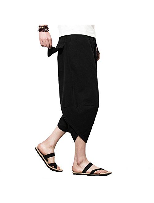 INVACHI Men's Linen Harem Capri Pants Lightweight Elastic Waist Casual Baggy Pants Beach Yoga Trousers