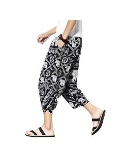 PRIJOUHE Men's Harem Capri Pants, Wide Leg Mens Capris, Summer Linen Pants