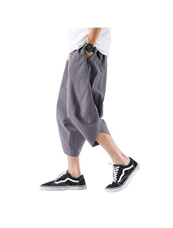 PRIJOUHE Men's Harem Capri Pants, Wide Leg Mens Capris, Summer Linen Pants