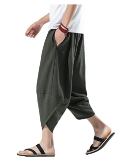PRIJOUHE Men's Harem Capri Pants, Wide Leg Mens Capris, Summer Linen Pants