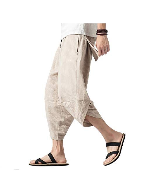 PRIJOUHE Men's Harem Capri Pants, Wide Leg Mens Capris, Summer Linen Pants