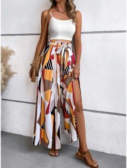 VCAY Cami Top & Geo Print Split Thigh Belted Wide Leg Pants