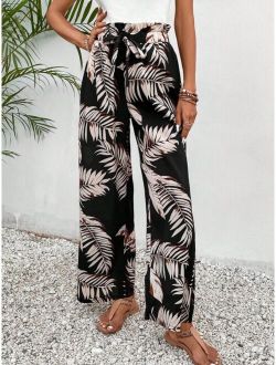 Frenchy Tropical Print Tie Front Wide Leg Pants