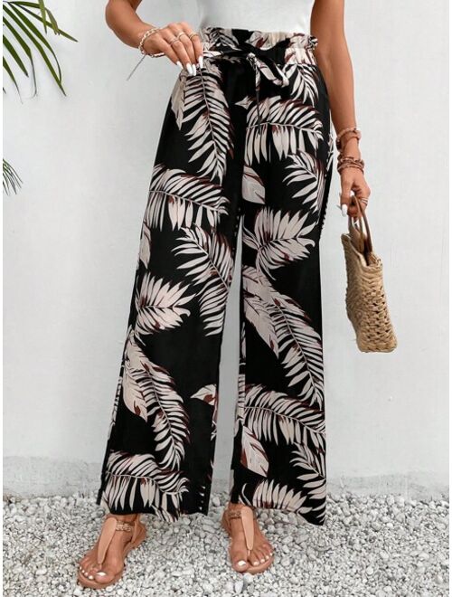 SHEIN Frenchy Tropical Print Tie Front Wide Leg Pants