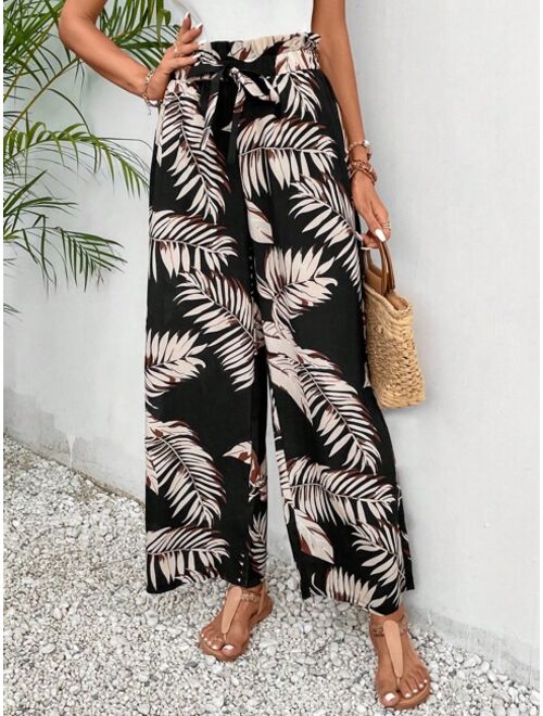 SHEIN Frenchy Tropical Print Tie Front Wide Leg Pants