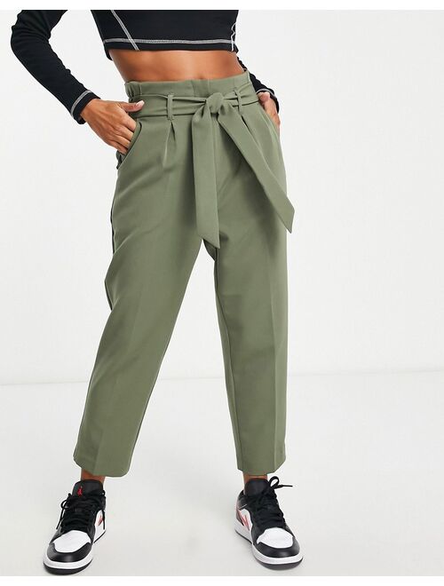New Look Petite paperbag belted pants in khaki