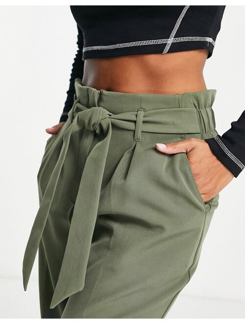 New Look Petite paperbag belted pants in khaki