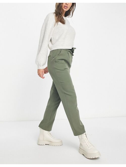 New Look paperbag tie waist straight leg pants in khaki