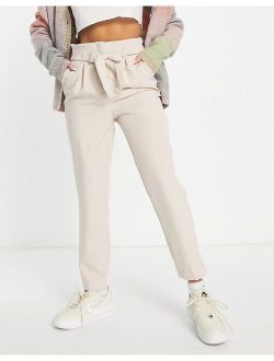 paperbag tie waist straight leg pants in stone