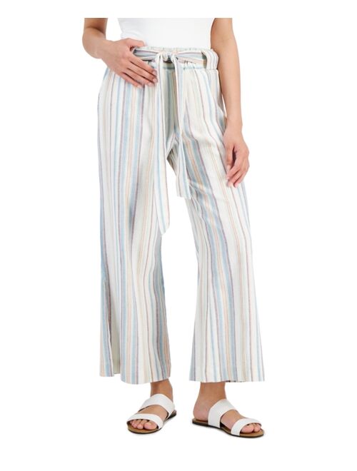 INDIGO REIN Juniors' Striped Wide-Leg Linen Paperbag Pants