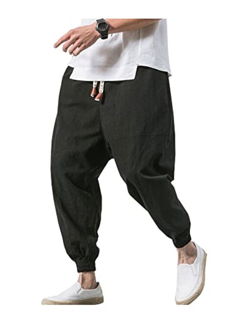 LifeHe Men's Hip Hop Harem Pants Joggers Linen Drawstring Elastic Waist Baggy Drop Crotch Sweatpants Trousers