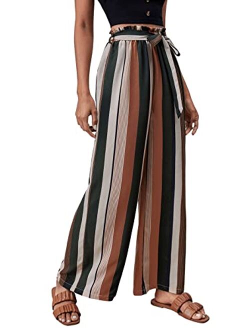SweatyRocks Women's Striped High Waisted Wide Leg Belted Pants Loose Fit Paper Bag Trousers