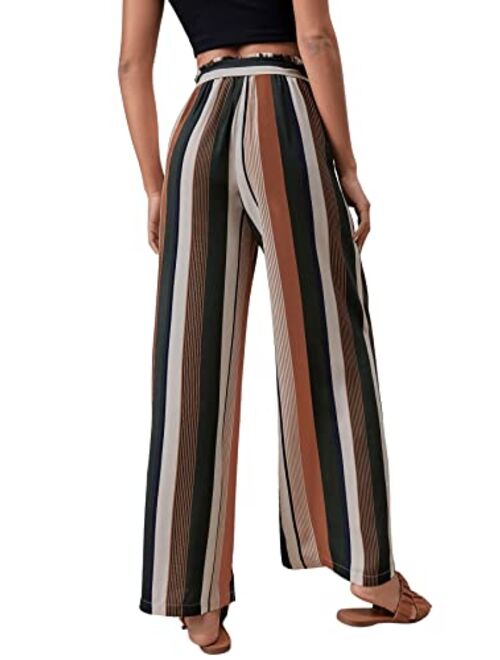 SweatyRocks Women's Striped High Waisted Wide Leg Belted Pants Loose Fit Paper Bag Trousers