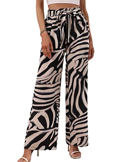 Floerns Women's All Over Print Paperbag Pant Elastic Waist Belted Wide Leg Pant
