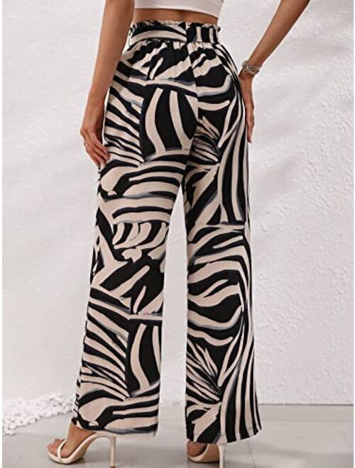 Floerns Women's All Over Print Paperbag Pant Elastic Waist Belted Wide Leg Pant