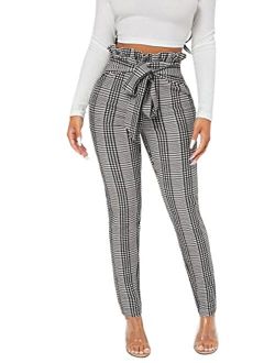 Women's Plaid Paperbag Waist Tie Front Stretch Belted Skinny Pants