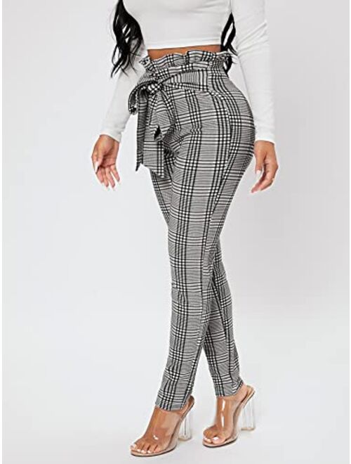 WDIRARA Women's Plaid Paperbag Waist Tie Front Stretch Belted Skinny Pants