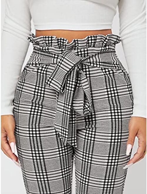 WDIRARA Women's Plaid Paperbag Waist Tie Front Stretch Belted Skinny Pants