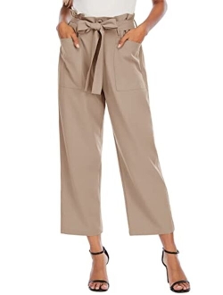 Febriajuce Women's Cropped Paper Bag Waist Pants with Pockets Belted Casual Work Pants Wide Leg Palazzo Trousers