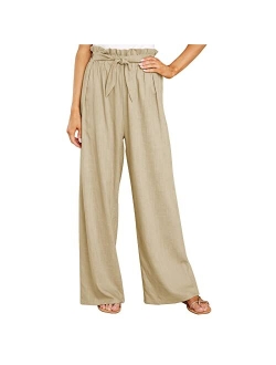 WONGCHOlCE Women Linen Pants High Waisted Paperbag Pants Casual Wide Leg Palazzo Dressy Pants with Pockets